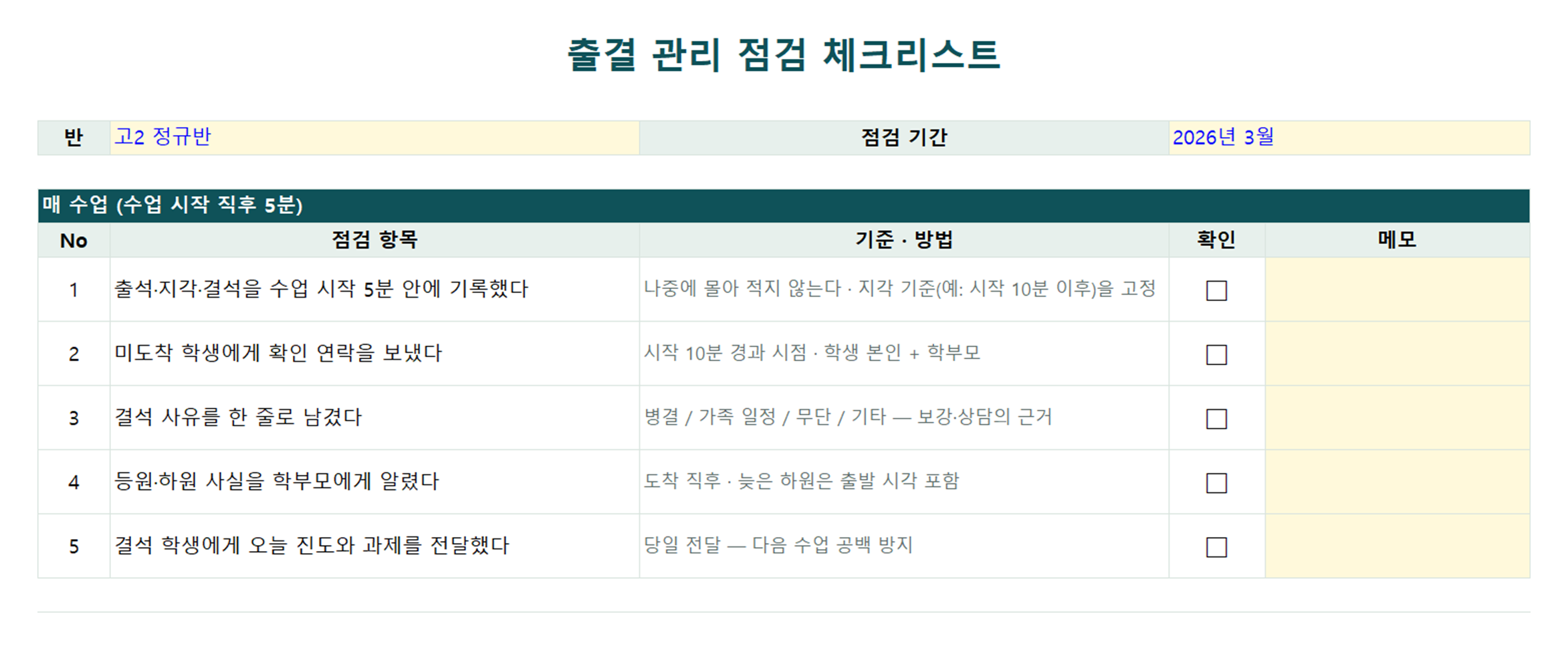 출결 관리 점검 체크리스트 미리보기 — 매 수업 점검 항목과 확인 칸